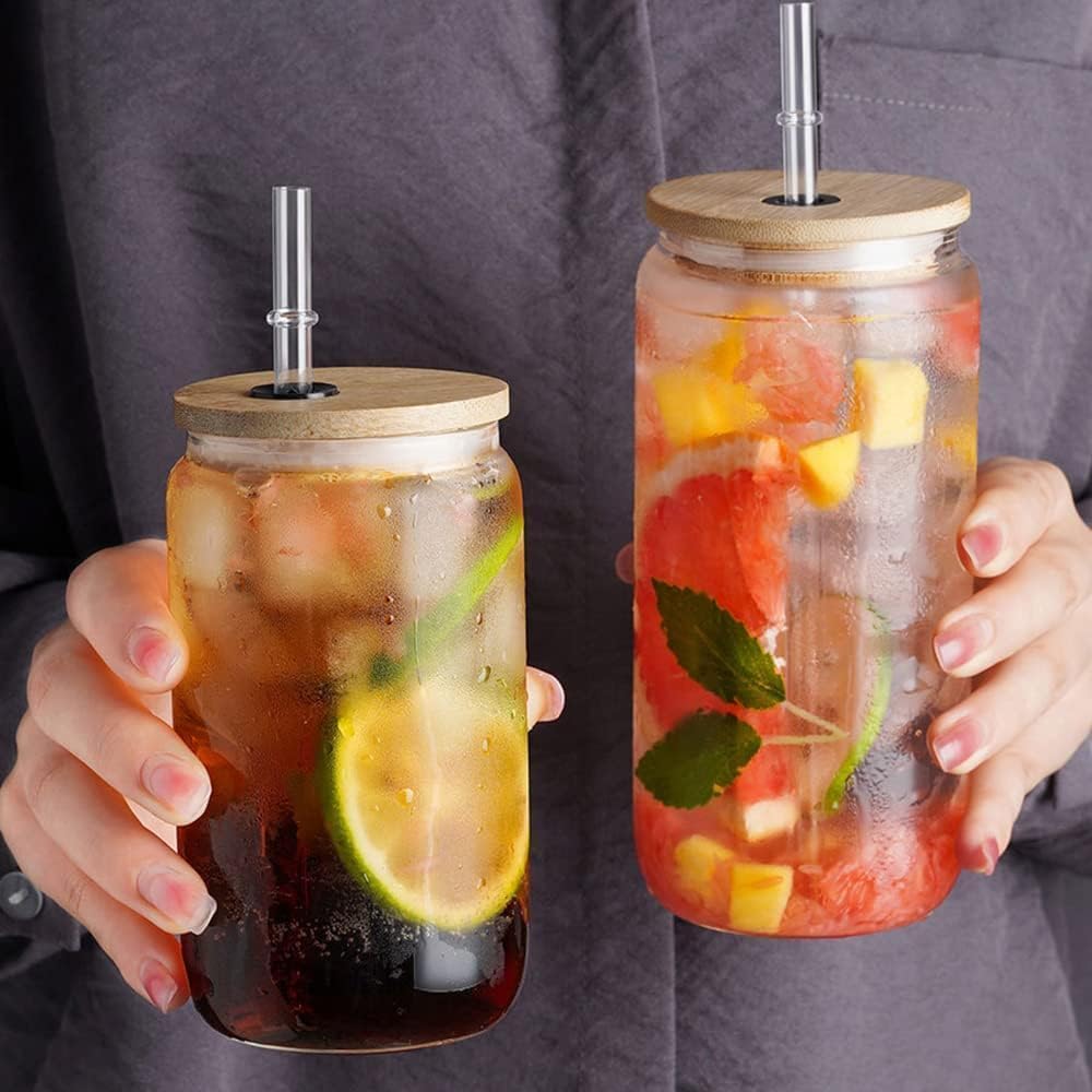 Transparent Glass Tumbler with Lid and Straw (Set of 2)