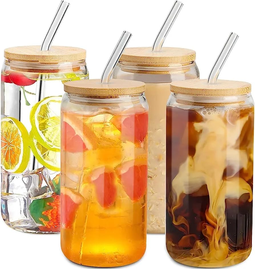 Transparent Glass Tumbler with Lid and Straw (Set of 2)