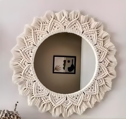 Round Macrame Mirror Wall Hanging | Boho Décor (Framed, White) ✨🪞