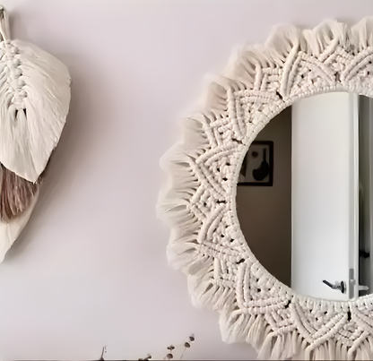 Round Macrame Mirror Wall Hanging | Boho Décor (Framed, White) ✨🪞