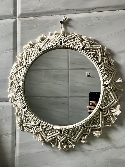 Round Macrame Mirror Wall Hanging | Boho Décor (Framed, White) ✨🪞