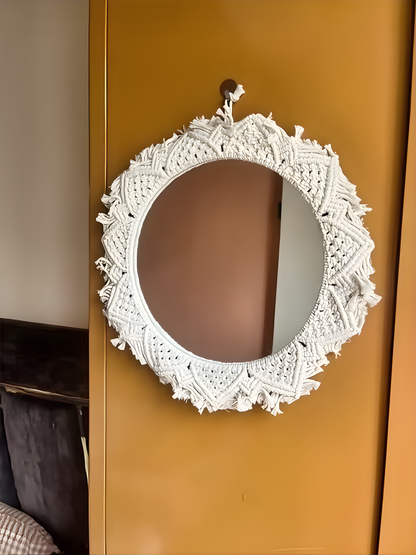 Round Macrame Mirror Wall Hanging | Boho Décor (Framed, White) ✨🪞