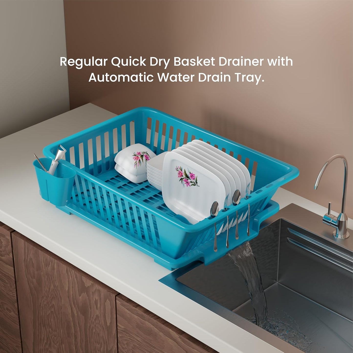 Quick Dry Basket Drainer with Automatic Water Drain Tray